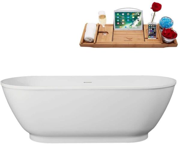 Streamline 67 in. x 29 in. Acrylic Freestanding Soaking Bathtub in Glossy White with Polished Gold Drain