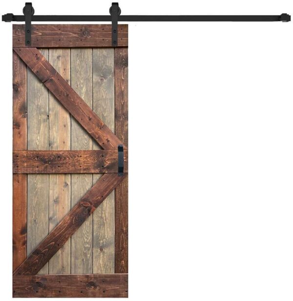 ISLIFE K Series 36 in. x 84 in. Brown/Walnut Finished Solid Wood Sliding Barn Door with Hardware Kit - Assembly Needed