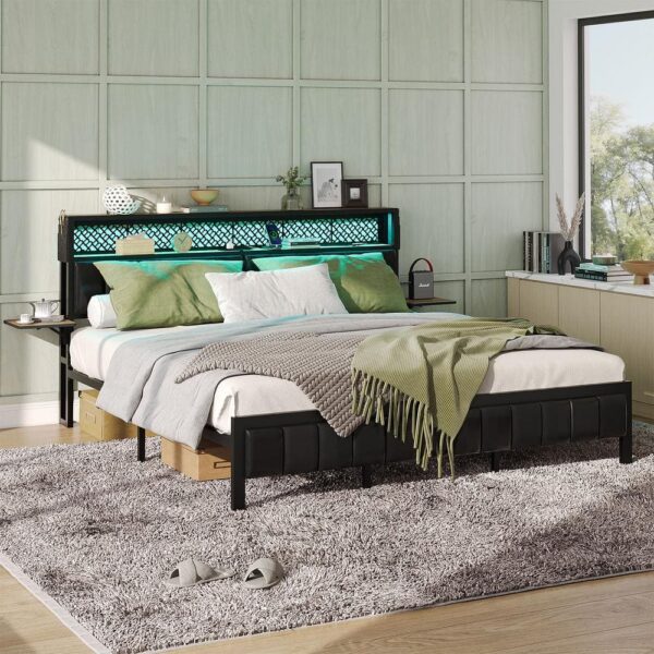 Bestier Walnut Metal Frame Full Platform Bed with LED Upholstered Storage Headboard Charge Station and Foldable Bedside Shelf