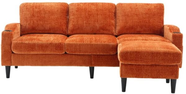 HOMEFUN 77 in. 4-piece L Shaped Chenille Modern Sectional Sofa in. Orange with Removable Storage Ottoman and Cup Holder