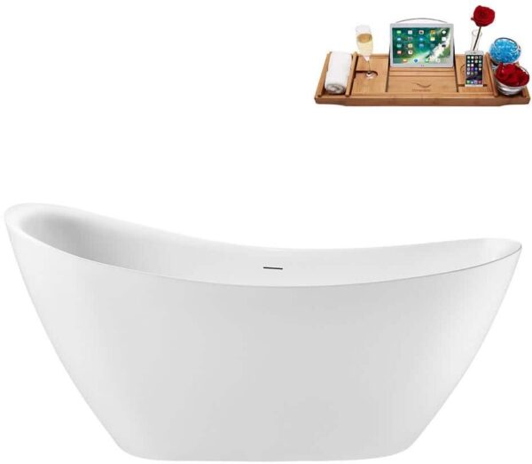 Streamline 65 in. x 30 in. Acrylic Freestanding Soaking Bathtub in Glossy White with Brushed Brass Drain