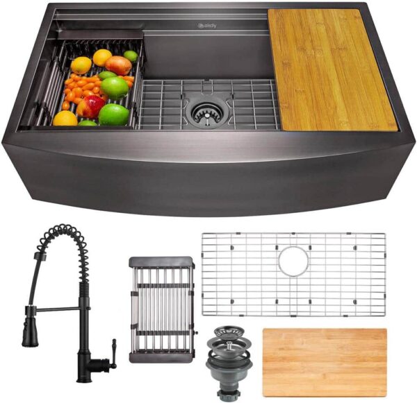 AKDY All-in-One Matte Black Finished Stainless Steel 33 in. x 20 in. Farmhouse Apron Mount Kitchen Sink with Faucet