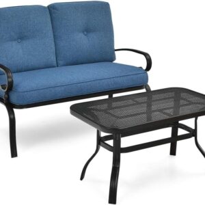 Costway 2-Pieces Metal Outdoor Loveseat Bench Table Furniture Set with Blue Cushions