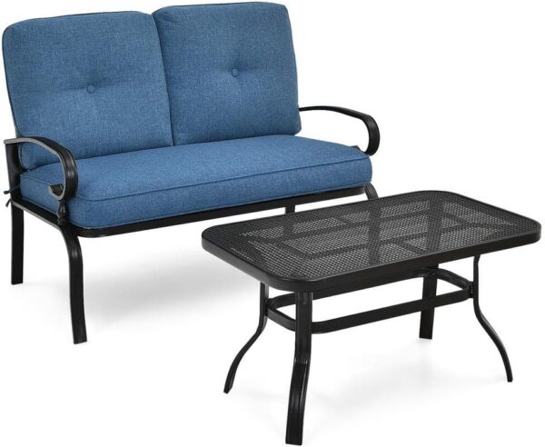 Costway 2-Pieces Metal Outdoor Loveseat Bench Table Furniture Set with Blue Cushions