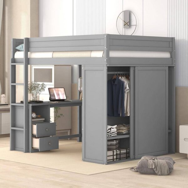 Harper & Bright Designs Gray Full Size Wood Loft Bed with Wardrobe