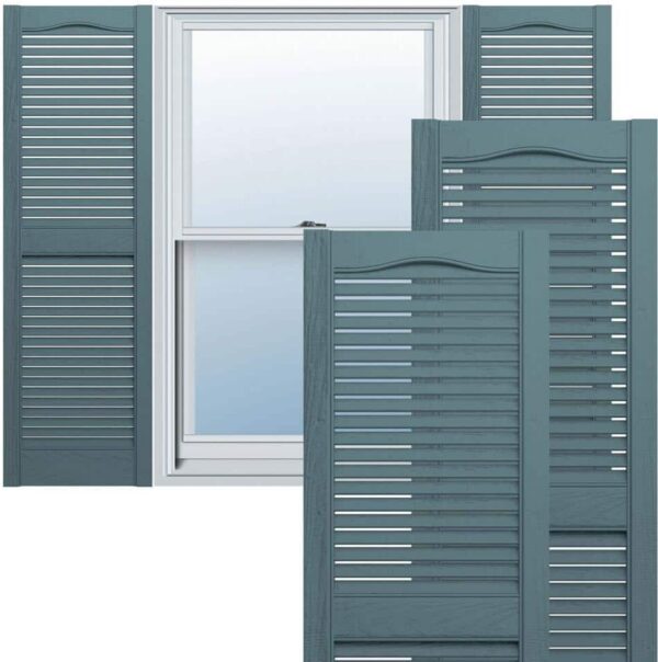 Ekena Millwork 14-1/2 in. x 30 in. Lifetime Vinyl Custom Cathedral Top Center Mullion Open Louvered Shutters Pair Wedgewood Blue