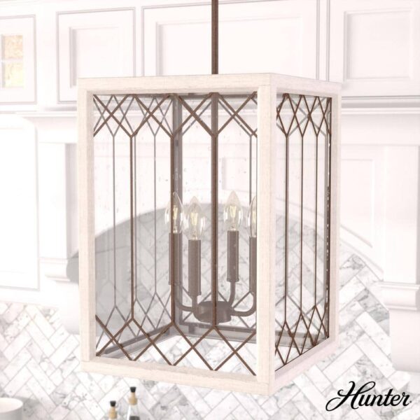 Hunter Chevron 4-Light Distressed White Lantern Pendant Light with Seeded Glass Shade