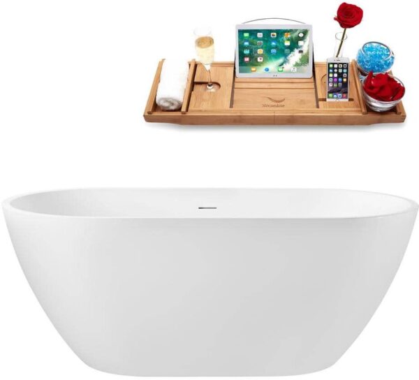 Streamline 59 in. x 29 in. Acrylic Freestanding Soaking Bathtub in Glossy White with Brushed Brass Drain