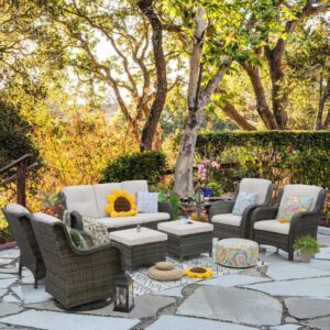 JOYSIDE 8-Piece Wicker Outdoor Patio Conversation Set with Beige Cushions and Swivel Rocking Chairs