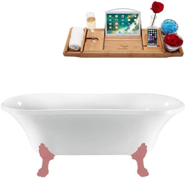 Streamline 68 in. x 34 in. Acrylic Clawfoot Soaking Bathtub in Glossy White with Matte Pink Clawfeet and Matte Pink Drain