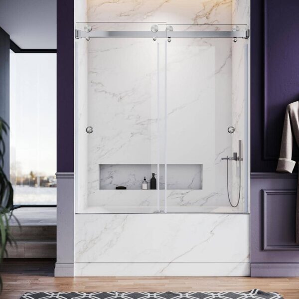 UNIKOO UKD01 61 to 65 in. W x 66 in. H Double Sliding Frameless Bathtub Door in Brushed Nickel with EnduroShield Clear Glass