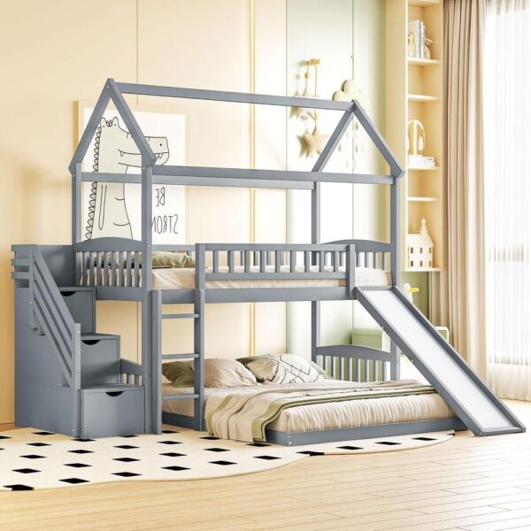 Harper & Bright Designs Gray Twin Over Twin Wood House Bunk Bed with 2-Drawers