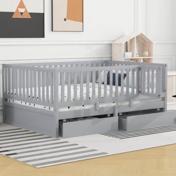 Qualler Gray Full Size Daybed with Detachable Fence and 2-Drawers