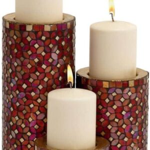 Litton Lane Red Metal Pillar Candle Holder with Mosaic Pattern (Set of 3)