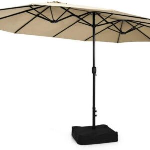 Clihome 15 ft. Double-Sided Twin Market Patio Umbrella in Beige with Crank and Base