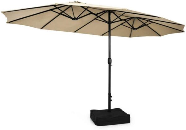 Clihome 15 ft. Double-Sided Twin Market Patio Umbrella in Beige with Crank and Base