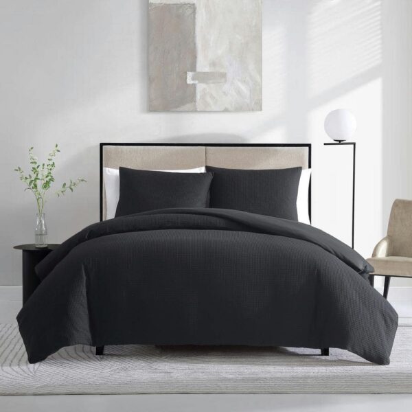 VERA WANG Waffle Pique 3-Piece Black Cotton Queen Comforter-Sham Set