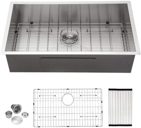 Sarlai 32 in. Undermount Single Bowl Zero Radius Corner 18-Gauge Silver Stainless Steel Kitchen Sink with All Accessories