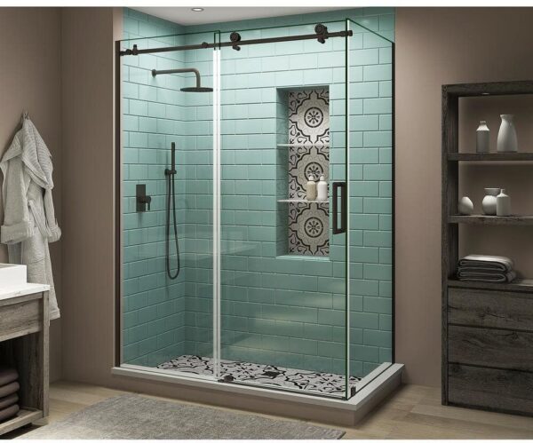 Aston Coraline XL 64 in. - 68 in. x 32 in. x 80 in. Frameless Corner Sliding Shower Enclosure Clear Glass in Bronze Right