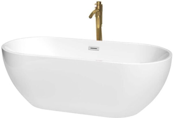 Wyndham Collection Brooklyn 67 in. Acrylic Flatbottom Bathtub in White with Polished Chrome Trim and Brushed Gold Faucet