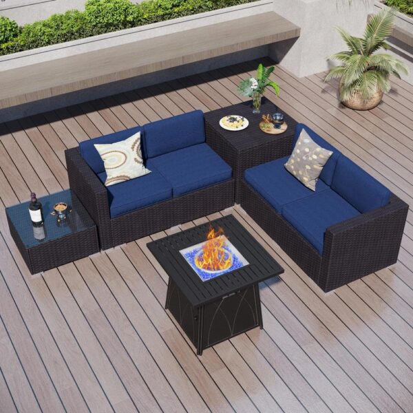 PHI VILLA Black Rattan Wicker 4 Seat 5-Piece Steel Outdoor Fire Pit Patio Set with Blue Cushions and Square Fire Pit Table