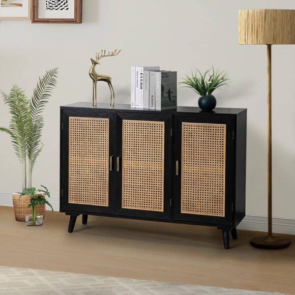 JAYDEN CREATION Ezio 3-Door Black Rattan Accent Cabinet with Adjustable Shelt and Solid Wood Leg