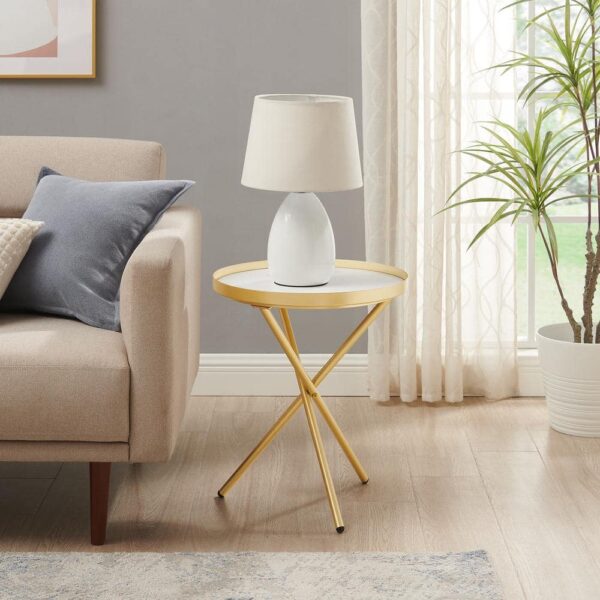 Welwick Designs Gold Metal/Faux White Faux Marble Minimalist Intersecting Tripod-Leg Side Table