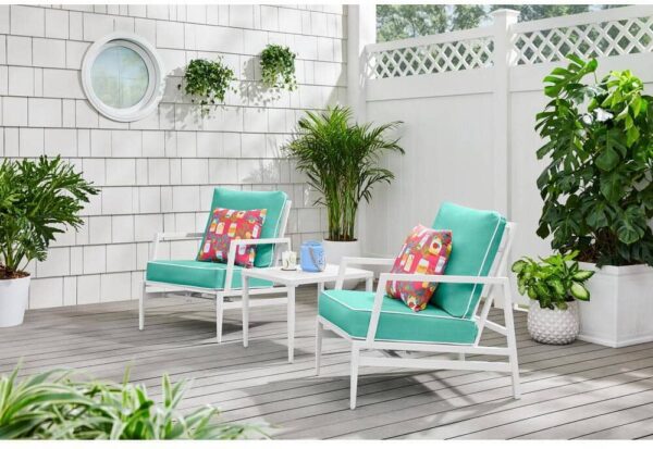 Hampton Bay Willow Cay White 3-Piece Steel Outdoor Conversation Set with CushionGuard Seabreeze Cushions