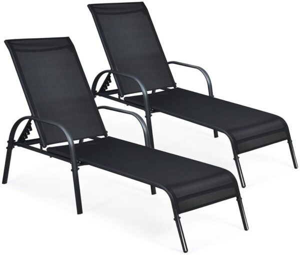 Costway 2-Pieces Metal Outdoor Chaise Lounge Fabric Adjustable Reclining Armrest Black