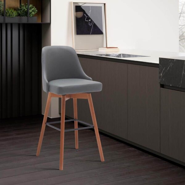 Armen Living Sicily Swivel 26 in. Grey/Walnut and Black Wood Counter Stool with Grey Faux Leather Seat