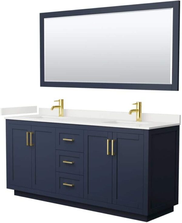 Wyndham Collection Miranda 72 in. W x 22 in. D x 33.75 in. H Double Bath Vanity in Dark Blue with White Quartz Top and 70 in. Mirror