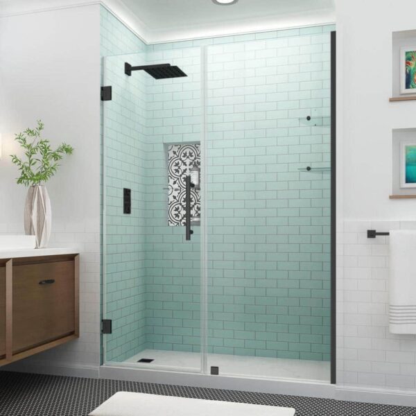 Aston Belmore GS 64.25 in. to 65.25 in. x 72 in. Frameless Hinged Shower Door with Glass Shelves in Matte Black