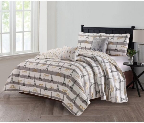 Harper Lane Bonjour Paris 4-Piece Gray Microfiber Twin Quilt Set