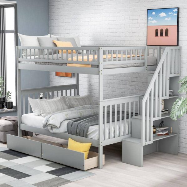 Harper & Bright Designs Classic Gray Full over Full Bunk Bed with 2 Drawers and Storage Staircase