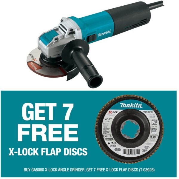 Makita 13 Amp Corded 5 in. X-LOCK Angle Grinder with bonus X-LOCK 4‑1/2 in. 40-Grit Flat Blending & Finishing Flap Disc (Qty 7)