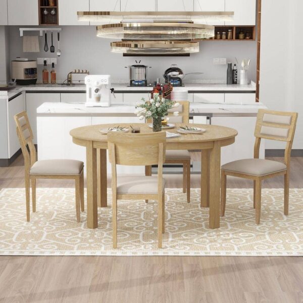 Qualler 5-Piece Round Natural Wood Wooden Extendable Dining Table Set with 4 Upholstered Chairs