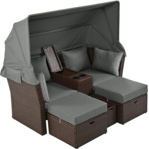 JimsMaison Brown Wicker Outdoor Day Bed with Grey Cushions and Foldable Awning